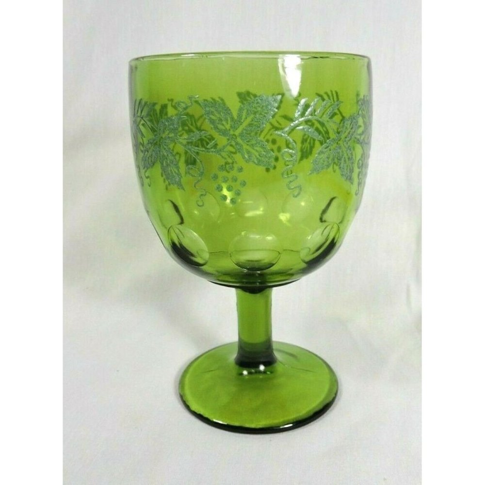 Vintage Avocado Green Glass Thumbprint Goblet Embossed Grapes & Grape Vines